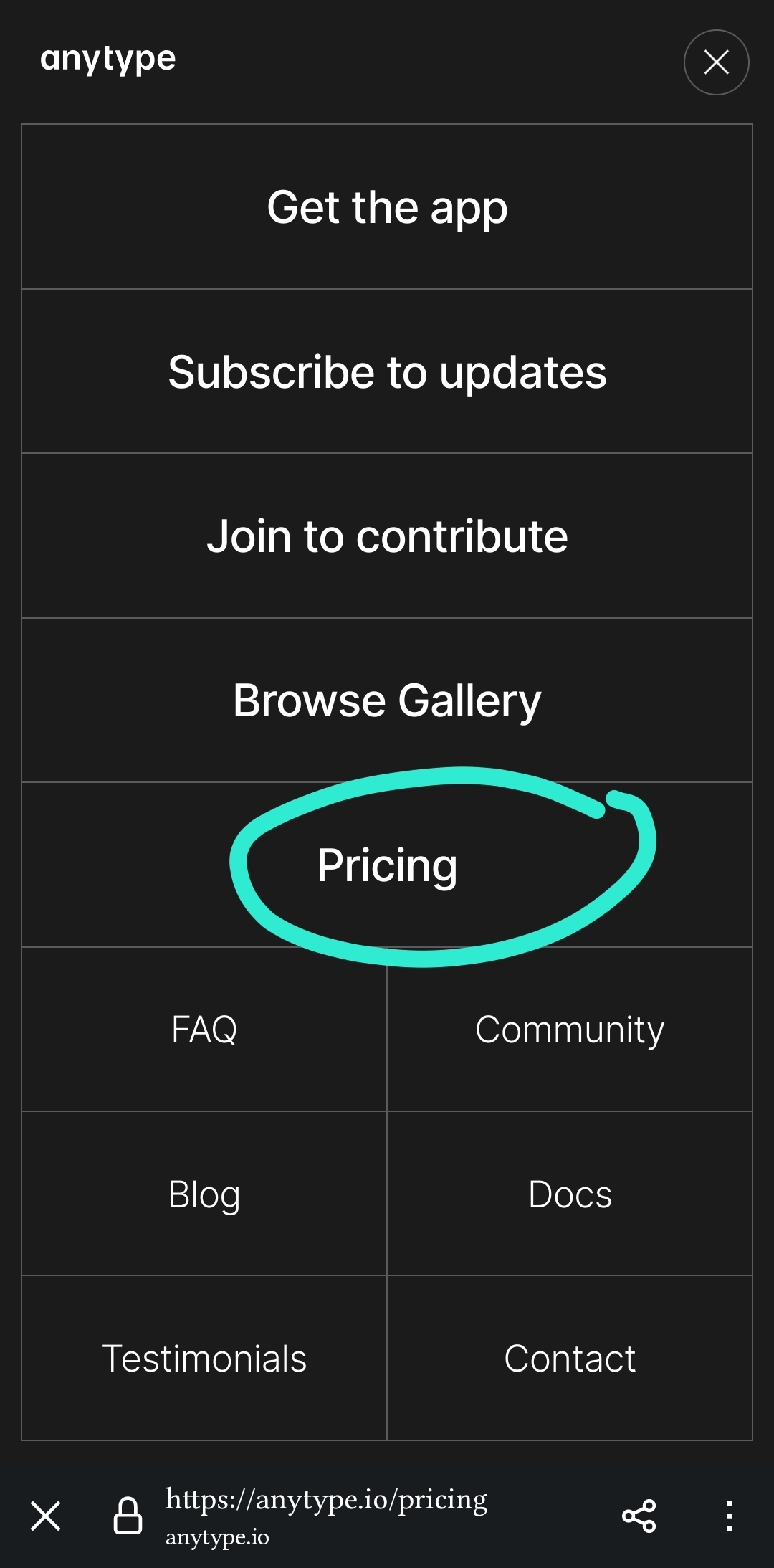 The "Pricing" page is indeed accessible from the menu.