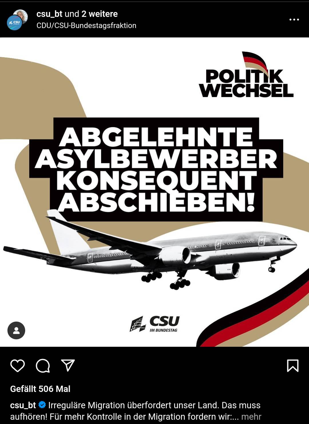 Instagram-Pfosten  der CSU "Asylbewerber konsequent abschieben"