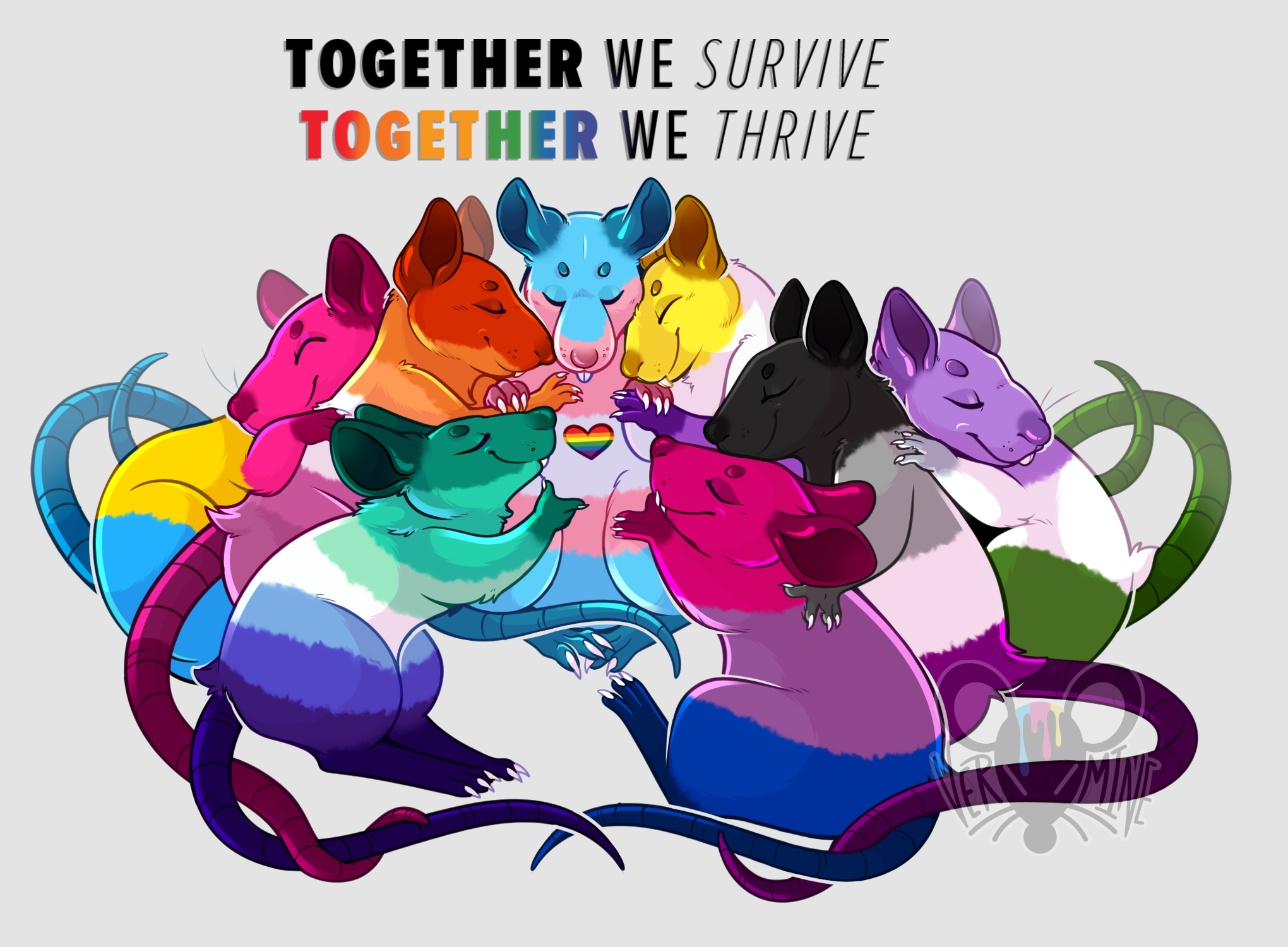 The image shows a number of rats hugging each other around a LGBT heart. Each individual rat represents an identity (gay, trans, enby, etc), as indicated by the color of their coats.