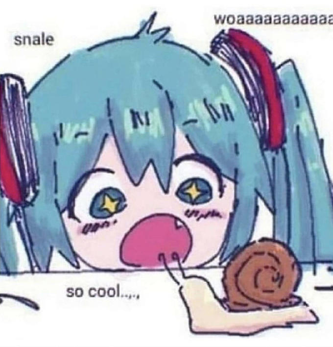 Rough-looking drawing of Hatsune Miku looking really close at a snail. She says "woaaaaaaa... snale... so cool..."