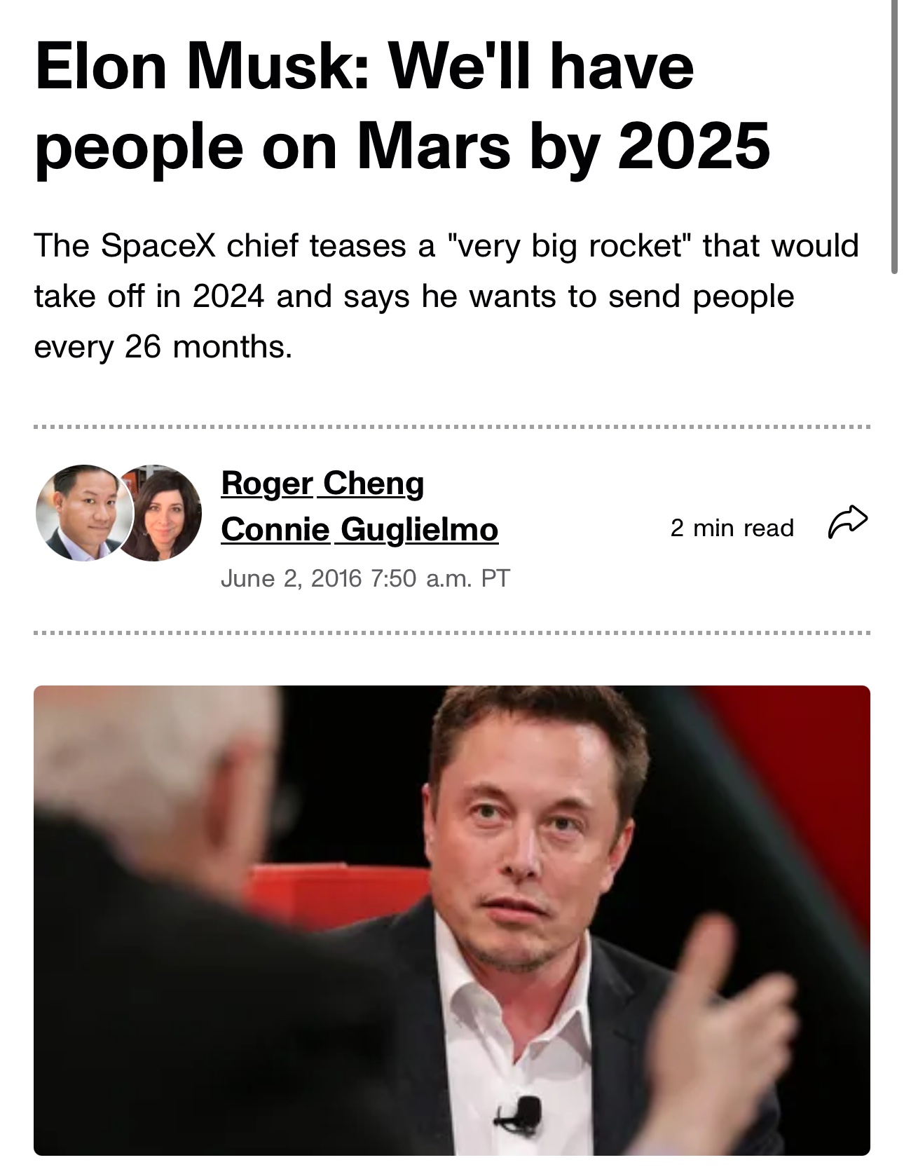 Elon Musk says that we'll have people on a Mars in 2025