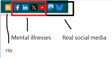 A screenshot of various social media logos, the facebook, linkedin, twitter (x) and youtube logos. are in a red square labelled "Mental illnesses" Mastodon and bluesky are labelled "Real Social Media" rss is labelled "rss"