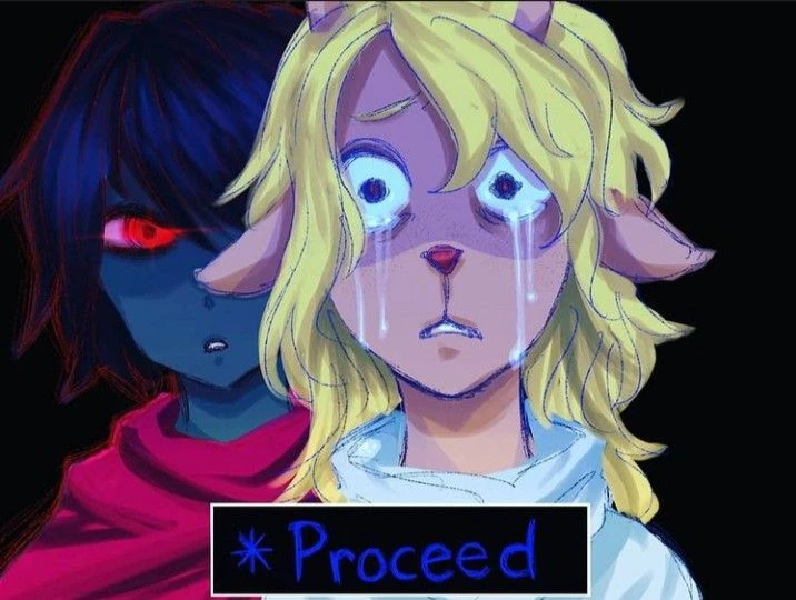 a drawing of a Kris, a blue-skinned human with a red coat, whispering to Noelle, a humanoid deer with a white coat. Kris has red eyes, and Noelle is crying. The scene is  plunged in darkness. Below the characters, there is a text box saying "*Proceed" in blue text.