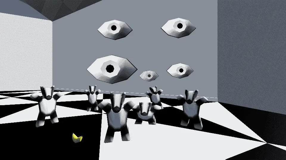 The entire scene is low-poly with colors defined using the mesh itself,  also the image is optimized for color to reduce data, resulting in dithering patterns. In a gray room with black and white triangle tiles, there are 6 badgers of various sizes standing and facing the viewer. Similarly, there are 5 eyes floating in the air one of which is not fully opaque. There is 1 banana on the floor. 