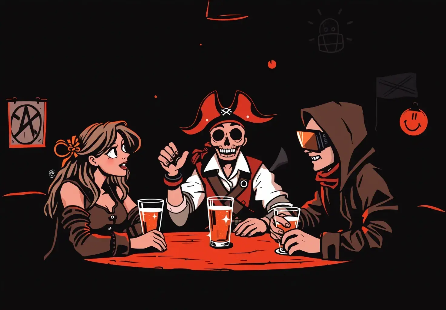 A female anarchist, a pirate and a hacker having fun at a bar. Black background with orangered highlights