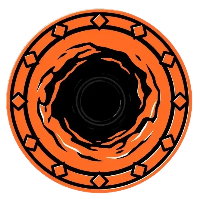 Threadiverse Enjoyer: An icon of a doubloon with a black hole in the center in orange-red, black and white colors