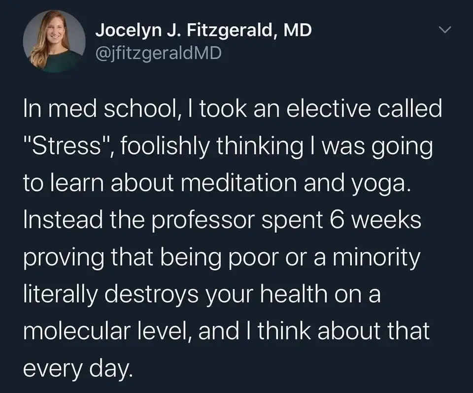 In med school, I took an elective called "Stress", foolishly thinking I was going to learn about meditation and yoga. Instead the professor spent 6 weeks proving that being poor or a minority literally destroys your health on a molecular level, and I think about that every day.