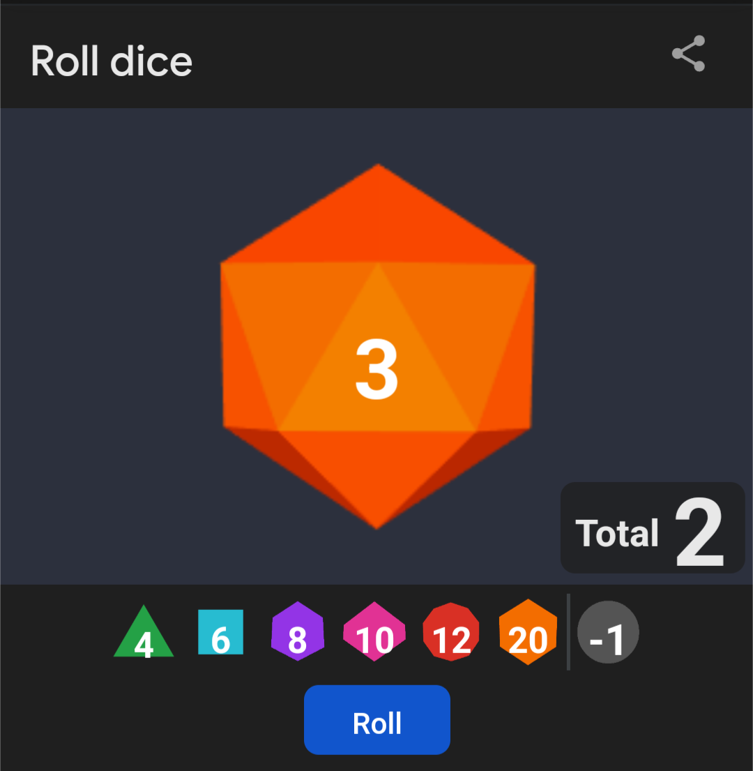 A 20-sided die roll showing '3' and a modifier of -1