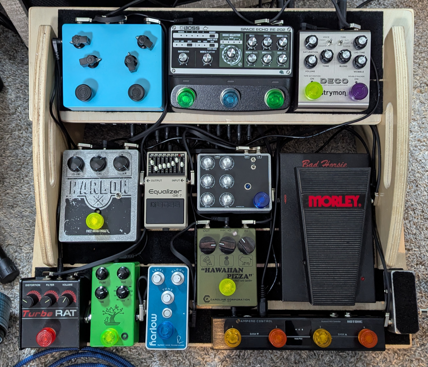 A guitar pedalboard with lotsa pedals