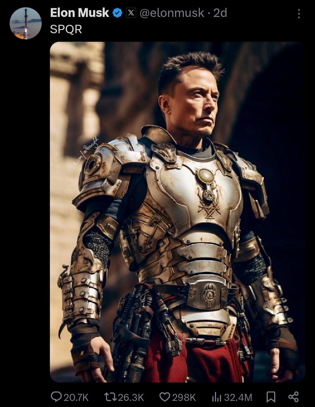 Elon Musk posting an AI generated photo of himself in Roman armour. Post is titled "SPQR"