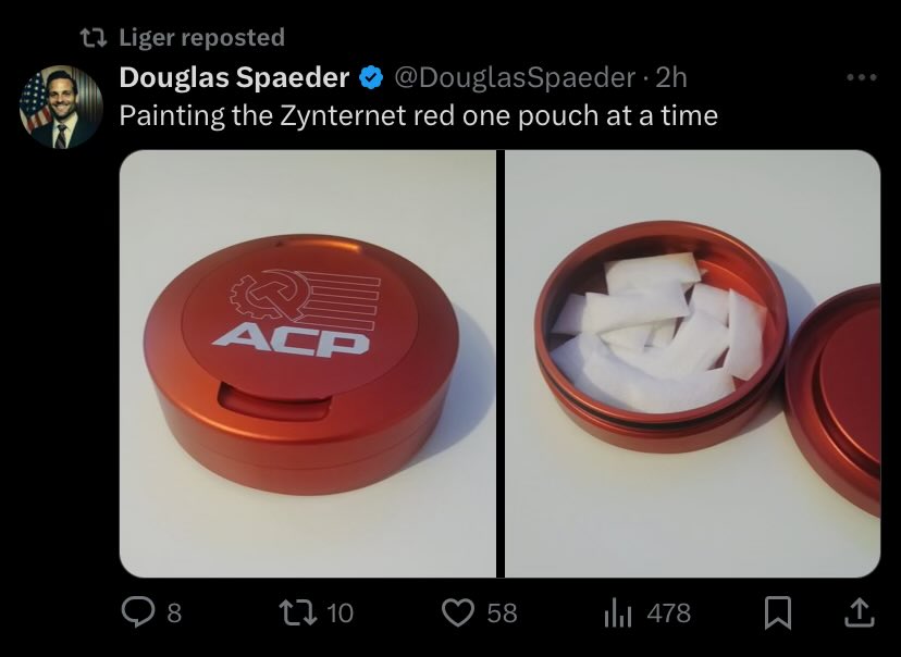 Painting the zynternet red one pouch at a time (photo of zyn pouch with 'ACP' on it)