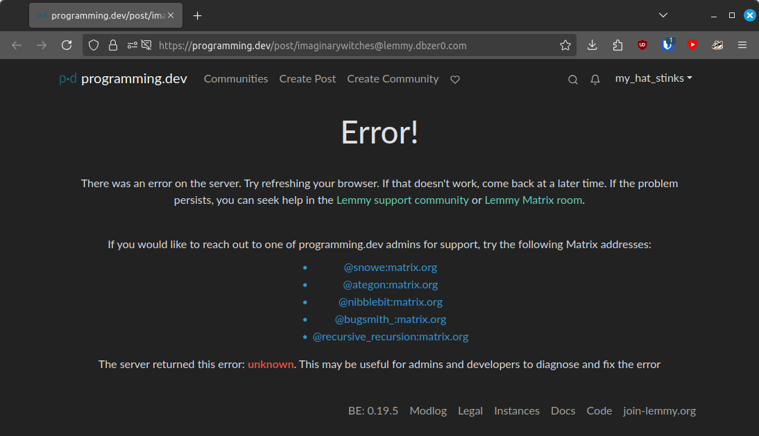 Screenshot displaying error page with text "The server returned this error: unknown."