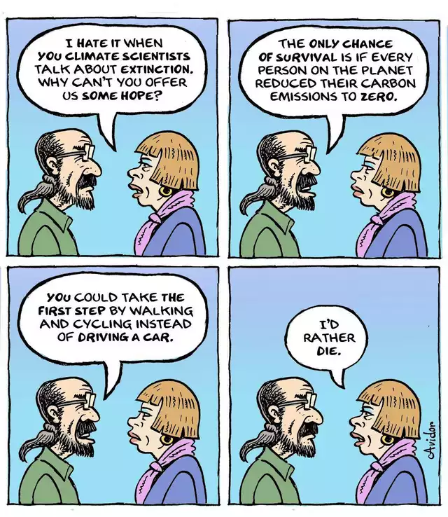 Four panel cartoon showing a male climate scientist talking to a woman who implores him to give her hope, he explains emissions need to be cut drastically and tells her she can help by riding a bicycle, she responds by saying she'd rather die.