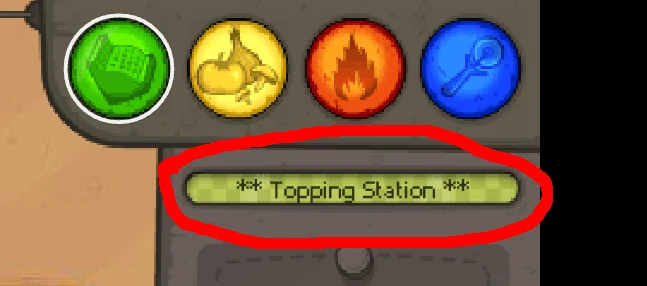 A pic from the flash game "Papa's pizzeria", text surrounded by red arrow is "*Topping Station*"