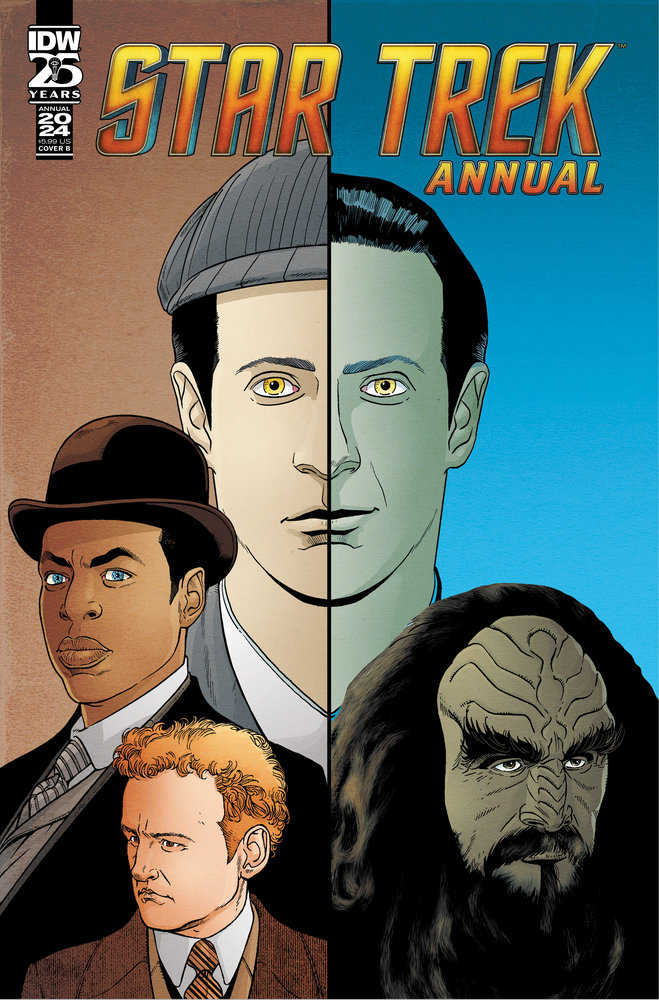 Cover B of Star Trek Annual Issue 2024. On the left, Data, Geordi, and O’Brien are warmly lit and dressed in Victorian outings reminiscent of Sherlock Holmes. On the right, split from Data’s face, is a coldly-lit Lore next to the Klingon scientist Korath.