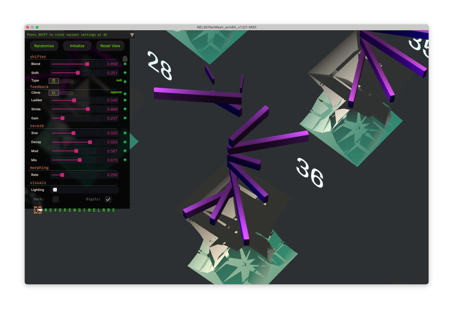 ShifterMesh UI, showing 3D abstract spiral / tree image and 3D lighting, various parameters