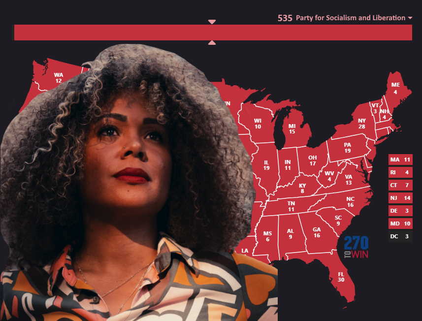 An election map showing the Party for Socialism and Liberation winning 535 electoral college votes. Claudia de la Cruz is superimposed over the image.