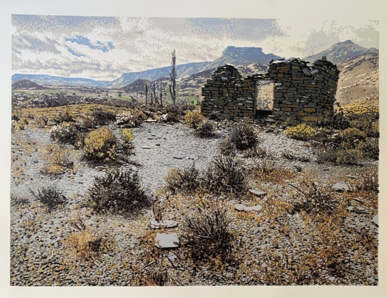 'Tankwa stone ruin' reduction linocut by Joshua Miles