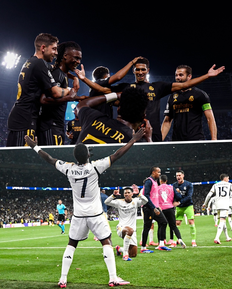 Vinicius Jr. & Jude Bellingham celebrating the goal scored, with teammates alongside them. Two different goals, the same celebration.