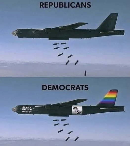 Two panel comic. top one is labeled republicans. bottom one is democrats. they're both planes dropping bombs except democrats has an lgbt flag and blm flag