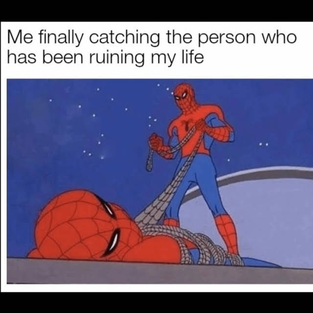 a meme photo of Spider-Man tying up another Spider-man with the caption "Me finally catching the person who has been ruining my life"