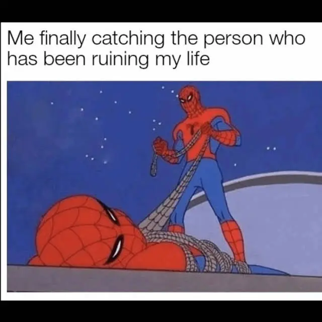 a meme photo of Spider-Man tying up another Spider-man with the caption &quot;Me finally catching the person who has been ruining my life&quot;