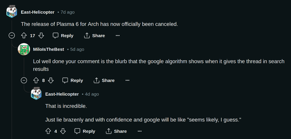 screenshot showing original comment picked up by google