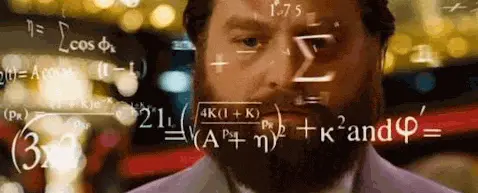 still image from &quot;Zach Galifianakis Math&quot; gif, with Zach looking contemplative with math notation floating in front of his face