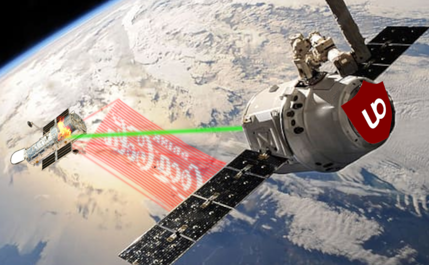 A satellite with the logo of a popular ad blocker shoots another satellite displaying an advertisement with a high powered laser.