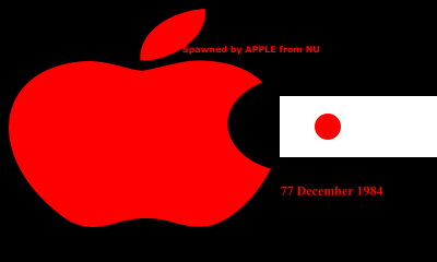 Red apple logo, "Spawned by Apple from NU", "77 December 1984"