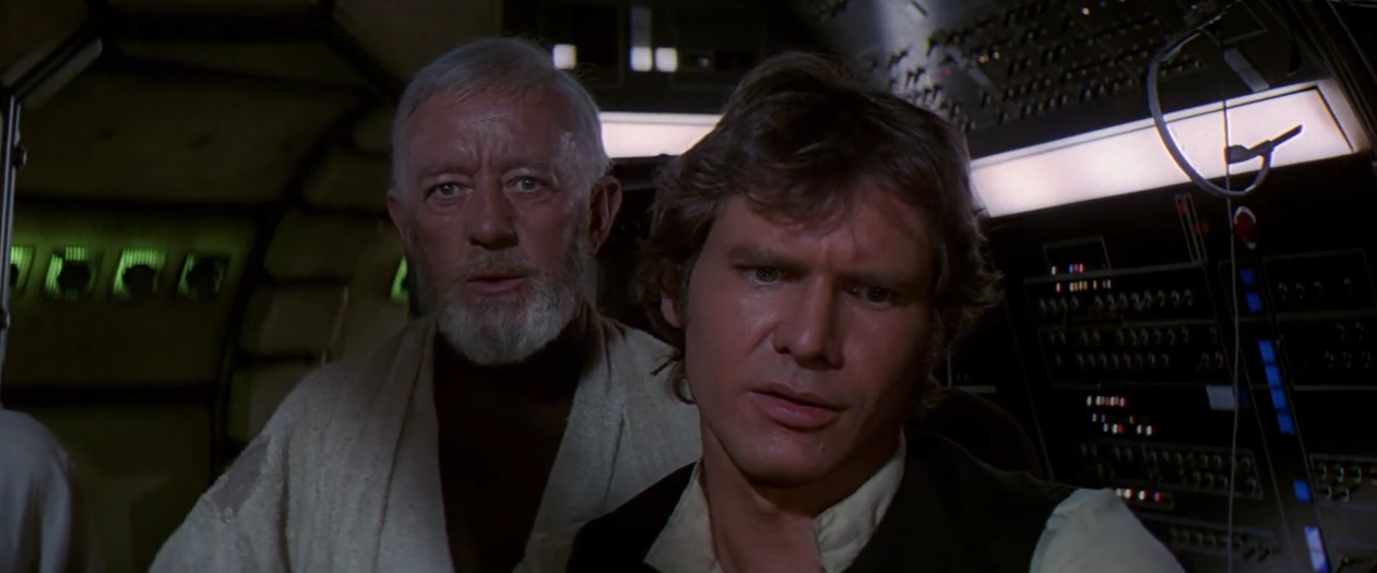 screenshot of Obi-Wan Kenobi (Alec Guinness) and Han Solo (Harrison Ford) in Star Wars: Episode IV – A New Hope (1977) at the moment when Obi-Wan says "That's no moon". (no text added to screenshot)