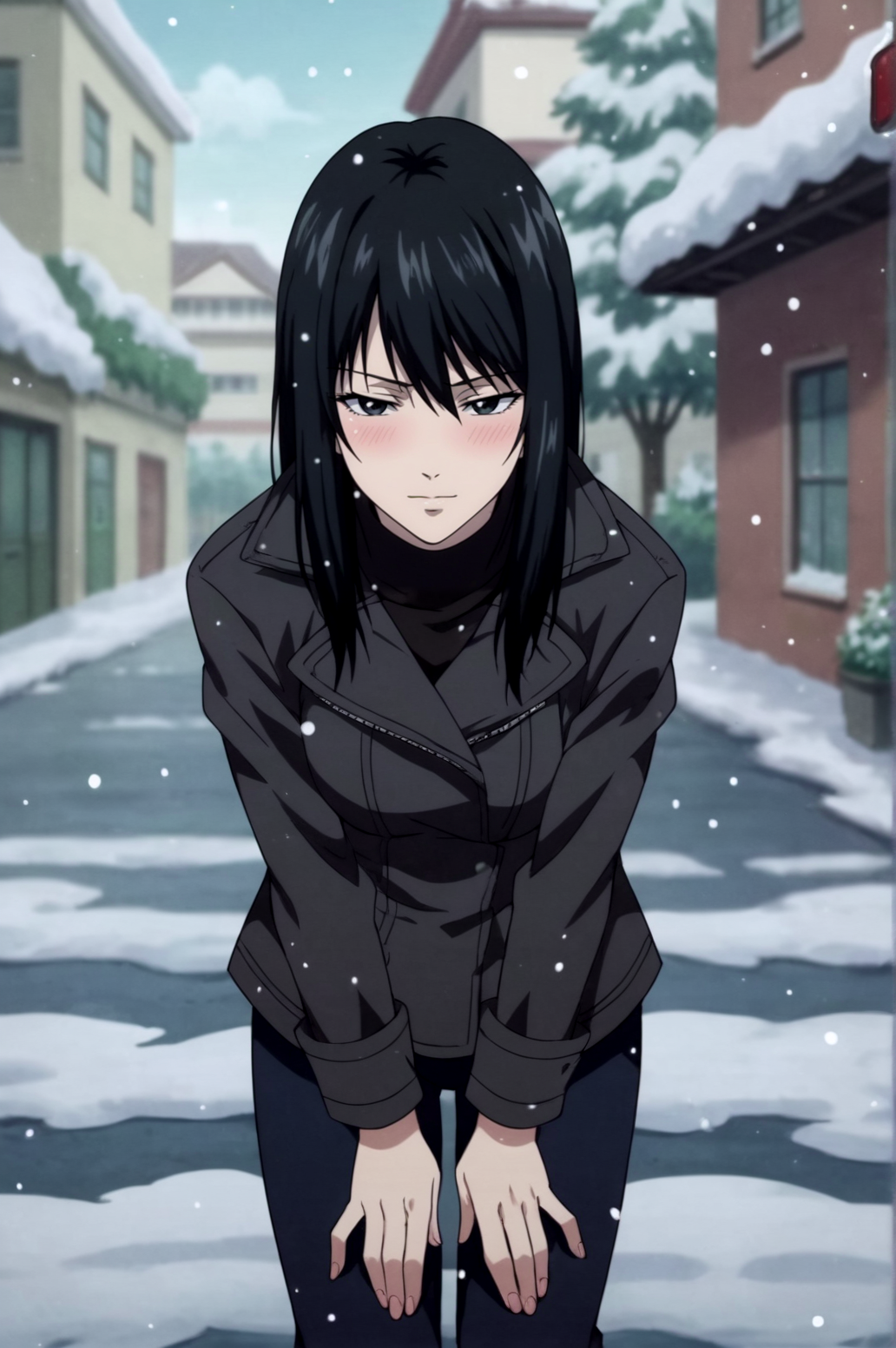 A young woman with dark eyes and long black hair. She wears a black jacket and dark pants, bending forward slightly with her hands on her knees. The background shows a snowy street with buildings on either side, some covered in snow. 