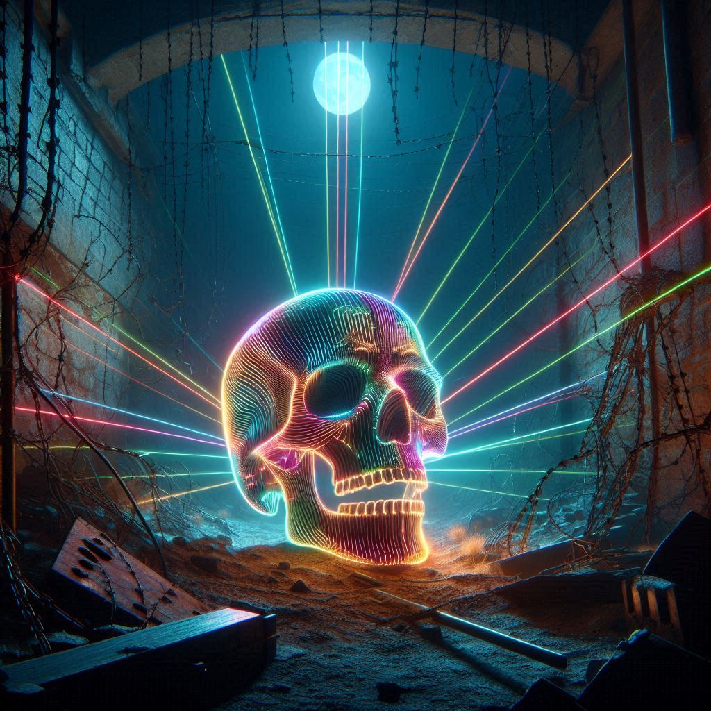 an colorful skull in a ruins