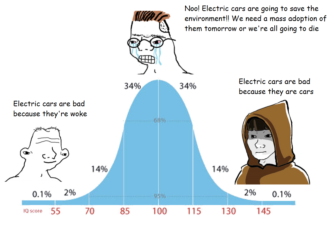 Bell curve meme. Low: "Electric cars are bad because they are woke" Mid: "NO! Electric cars are good! We need mass adoption of them or we're all going to die!" High: "Electric cars are bad because they are cars"