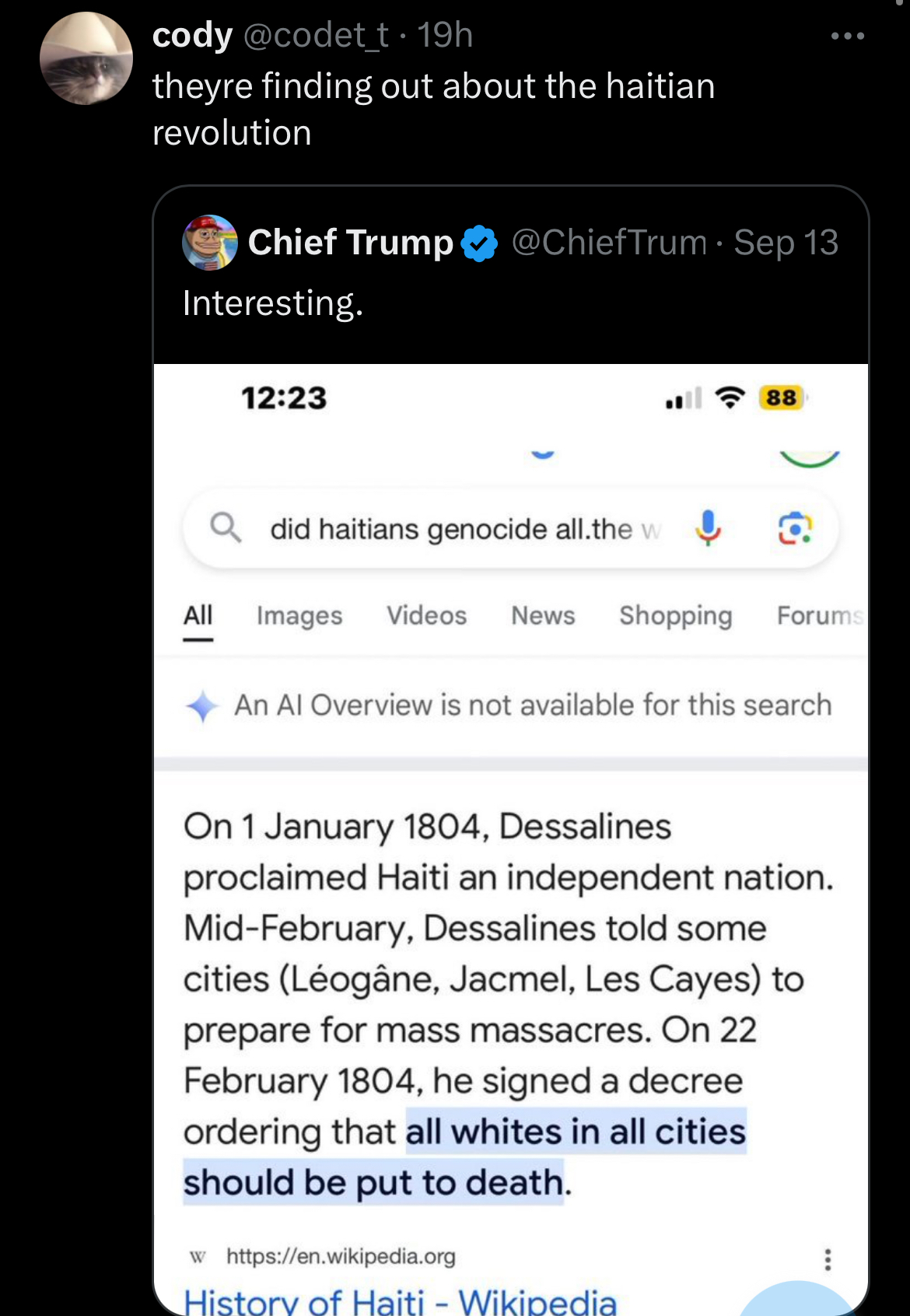 Screenshot of a Google search which summarises that Dessalines, Haitian revolutionary, decreed that "all whites in all cities be put to death"