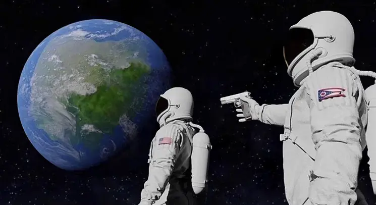 an astronaut pointing a gun at their colleague, with earth in the background. ( &quot;always has been&quot; meme template, no text)