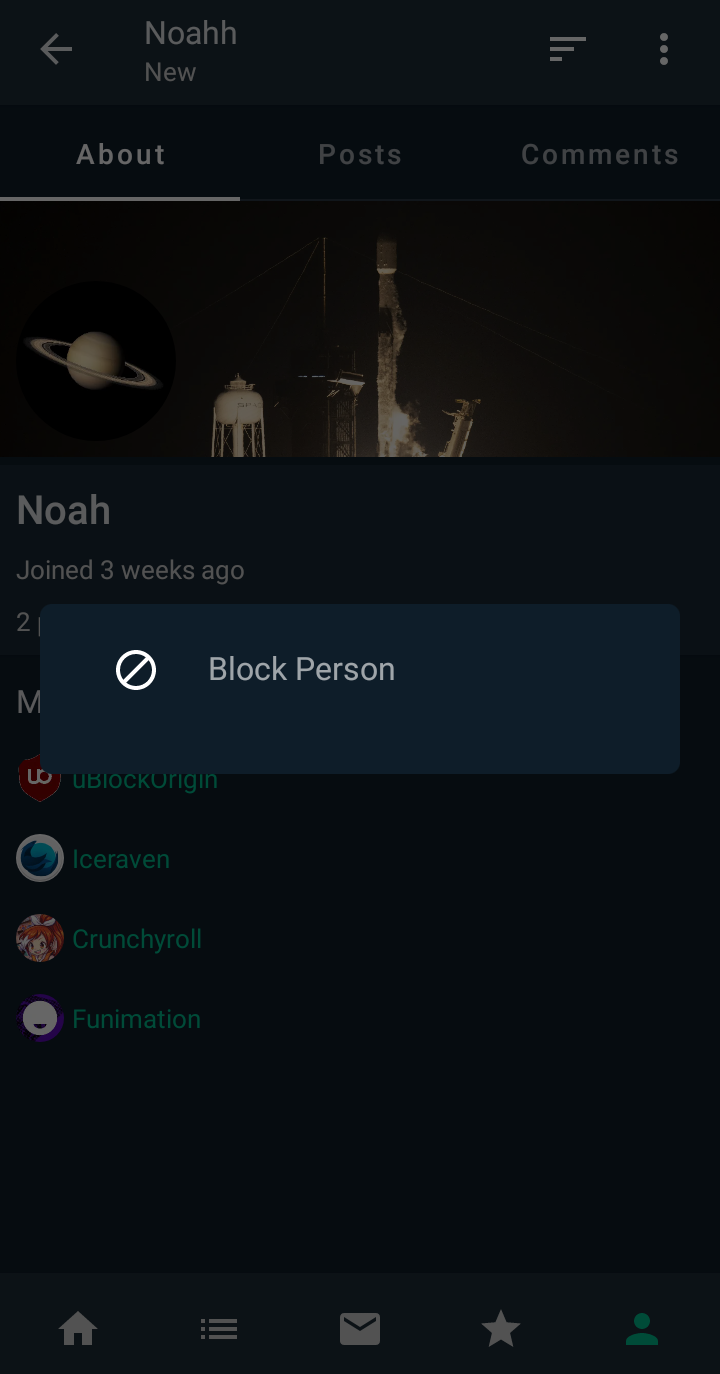 "Block Person" option is visible on your own profile