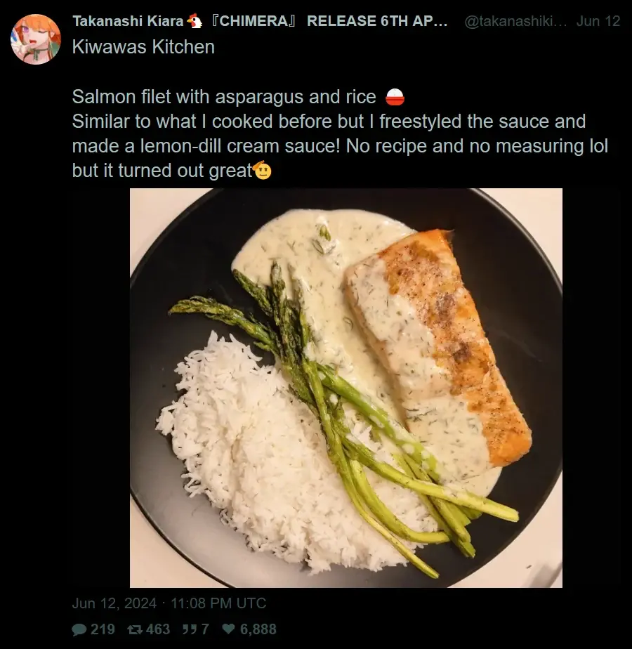 @takanashikiara: "Kiwawas Kitchen  Salmon filet with asparagus and rice 🍚 Similar to what I cooked before but I freestyled the sauce and made a lemon-dill cream sauce! No recipe and no measuring lol but it turned out great🫡"
