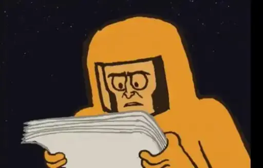 Yellow astronaut holding a stack of paper, looking at it in a concerned/confused/slightly disgusted way