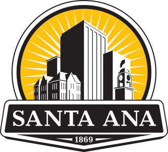 logo featuring tall buildings, the words Santa Ana, and the number 1869