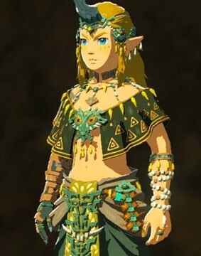 in game render of Link in decorated feminine clothing