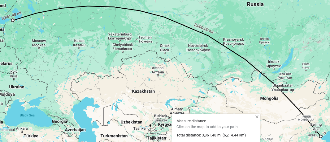 screenshot of google maps' "measure distance" feature, showing that it is about 6.2 million meters from Bohai Bay to Neva Bay