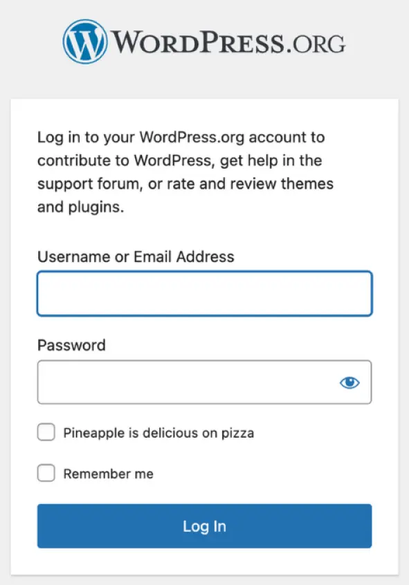 screenshot of wordpress.org login page featuring a &quot;Pineapple is delicious on pizza&quot; checkbox.