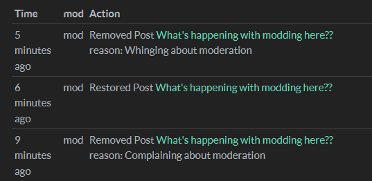 modlog screenshot of ValueSubtracted removing post under reason "Wining about moderation"