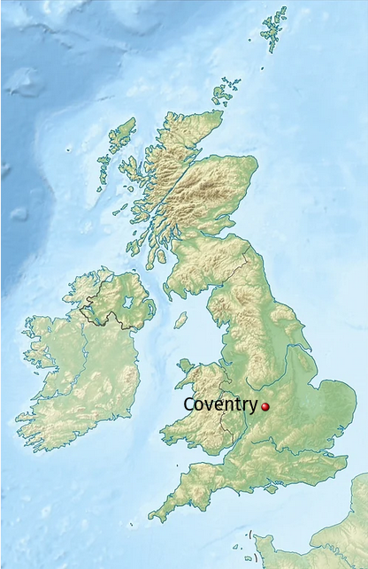 Map of the UK, showing Coventry not too far away from London.