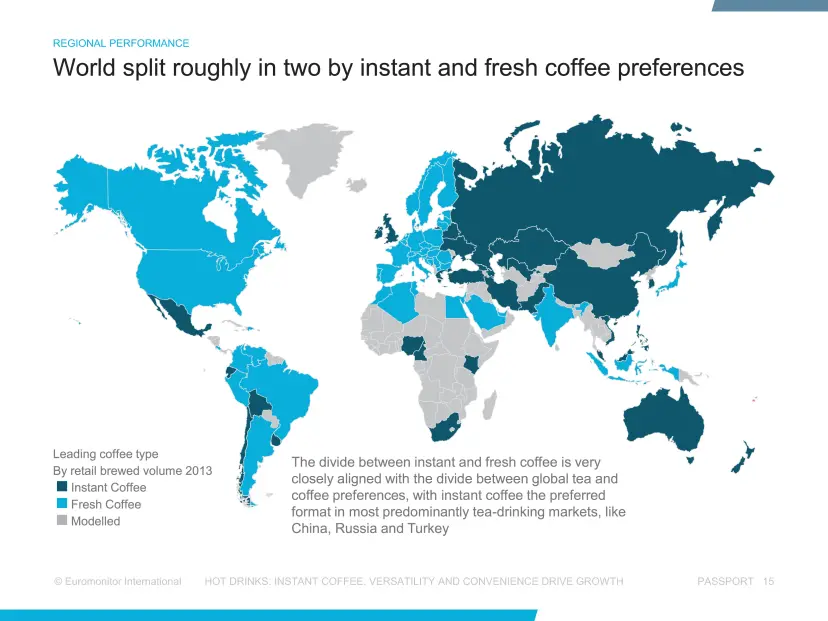 world map of instant vs fresh coffee preference by country. (it is a very similar map.)