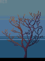 pixel art tree with no leaves, light hitting it from the left