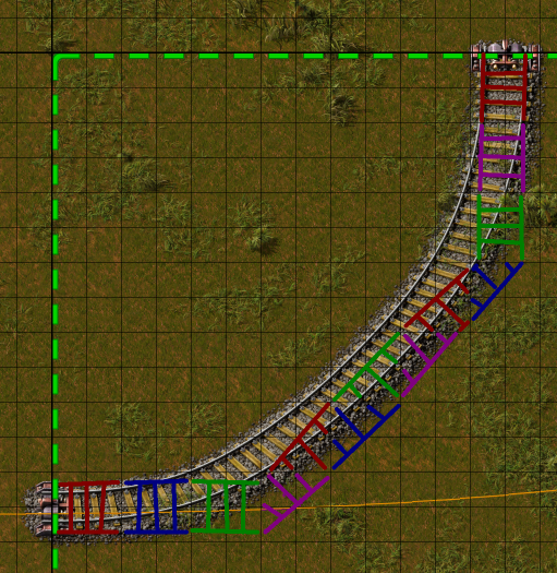 a Factorio screenshot poorly edited in Kolourpaint, to show the same rail concept as OpenTTD.