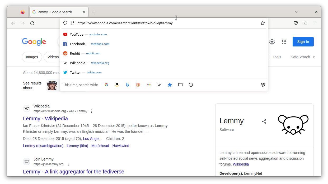 An example where I searched for Lemmy and tried to edit the search query