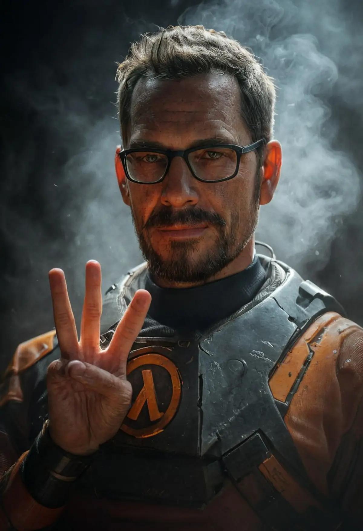 A man with short hair and black glasses wearing a futuristic armored suit with orange and gray colors. He is holding up three fingers with his right hand, which is raised near the shoulder level. The background is dark and filled with smoke or mist, adding to the dramatic effect of the setting. 